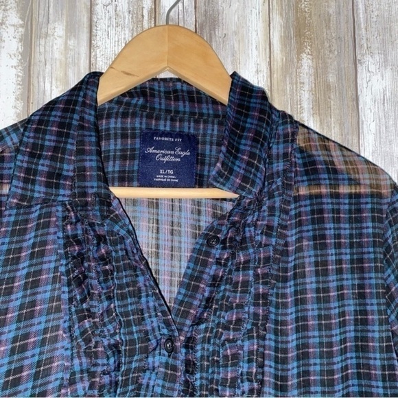 American Eagle Sheer Blue & Purple Plaid Button Down - Picture 3 of 5